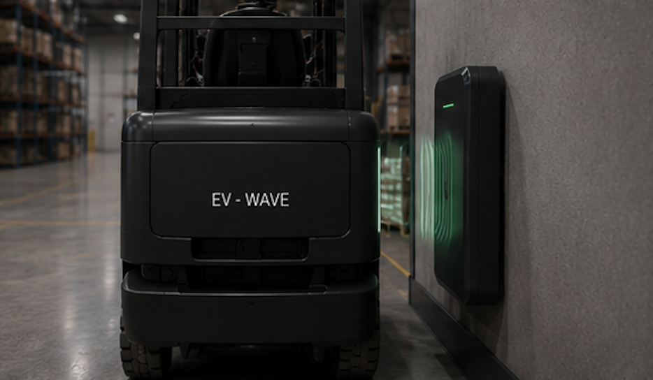 Chariot élévateur électrique EV-WAVE approchant sa borne de charge murale, vue de face