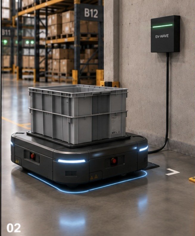 Étape 2 — Positionnement : le robot se place sur la borne de charge, désalignement toléré