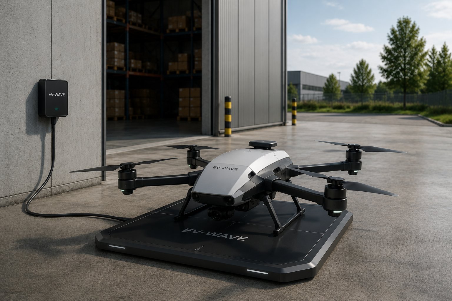 Drone EV-WAVE posé sur sa station de charge par induction, devant un entrepôt
