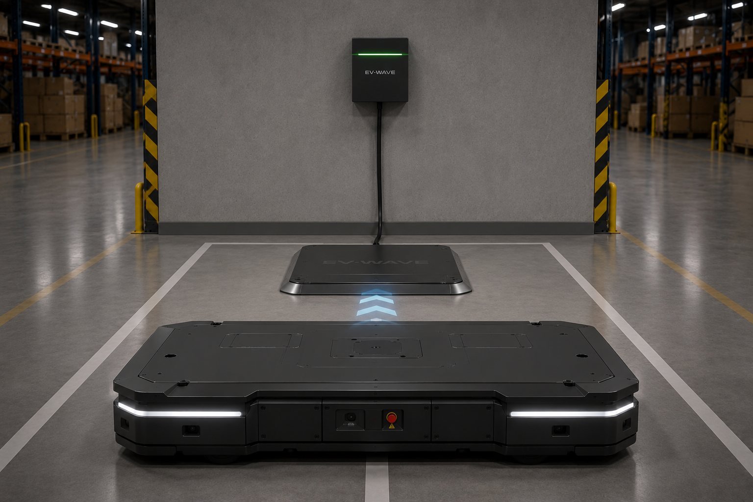 Robot AMR se positionnant automatiquement sur sa borne de charge EV-WAVE