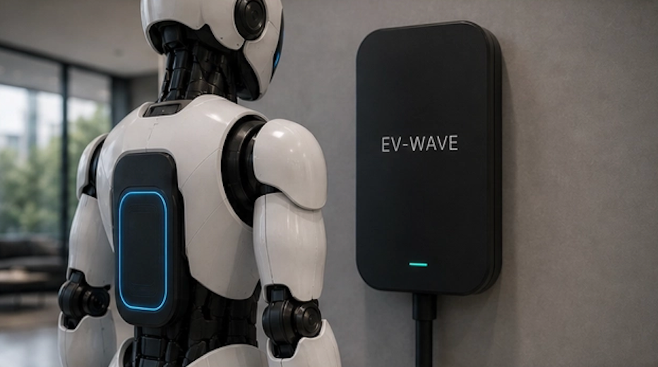 Robot humanoïde debout devant sa borne de charge EV-WAVE, indicateur lumineux actif