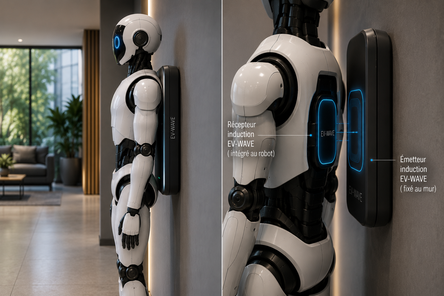 Robot humanoïde debout à côté de sa borne de charge murale EV-WAVE