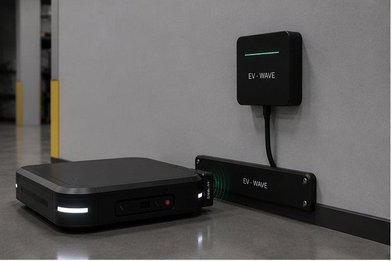 Borne EV-WAVE fixée au mur, avec récepteur du robot en approche